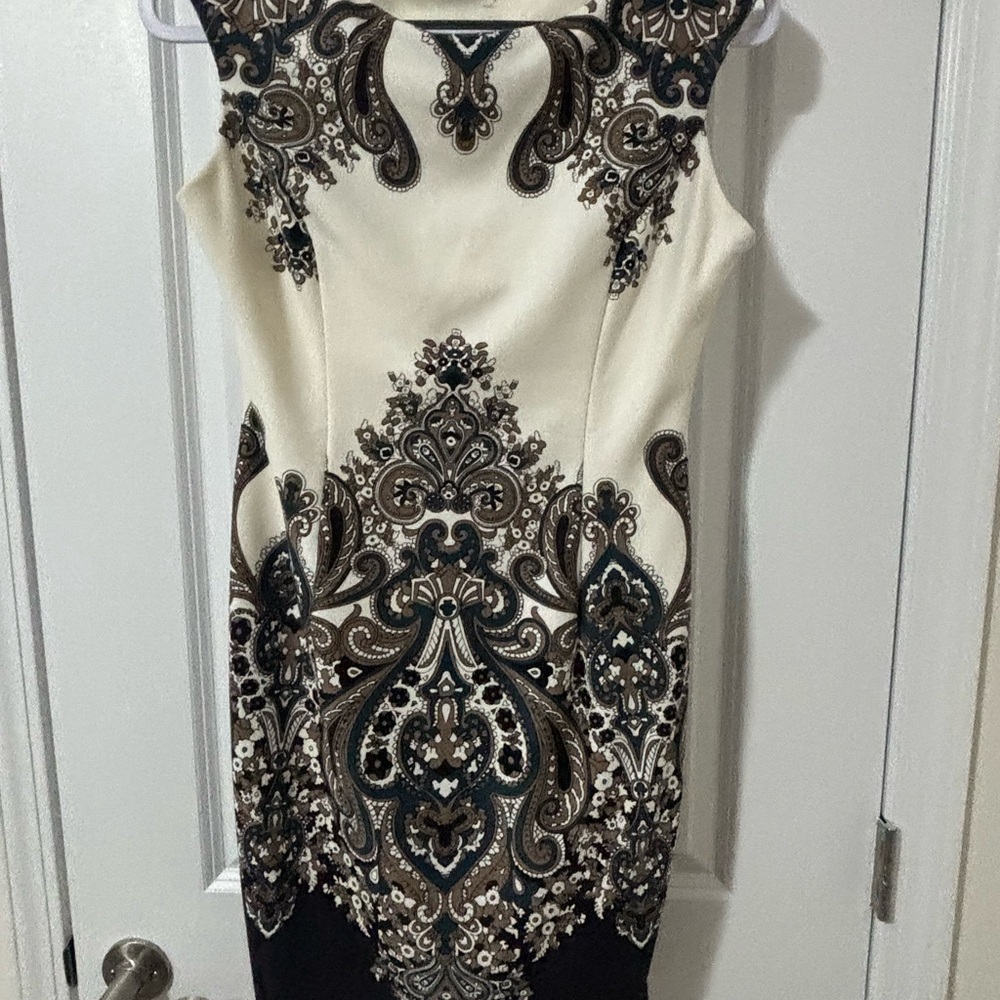 Evan Picone Cream Dress with Black & Brown Paisley Print